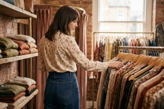 Femme en tenue rétro années 70 feuilletant des vêtements vintage dans une boutique de mode indépendante aux murs en briques apparentes