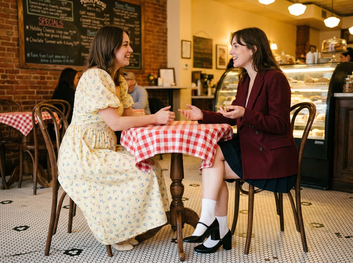 Deux femmes en tenues de mode rétro inspirées des années 60 et 90 attablées dans un café parisien au décor vintage avec carrelage noir et blanc