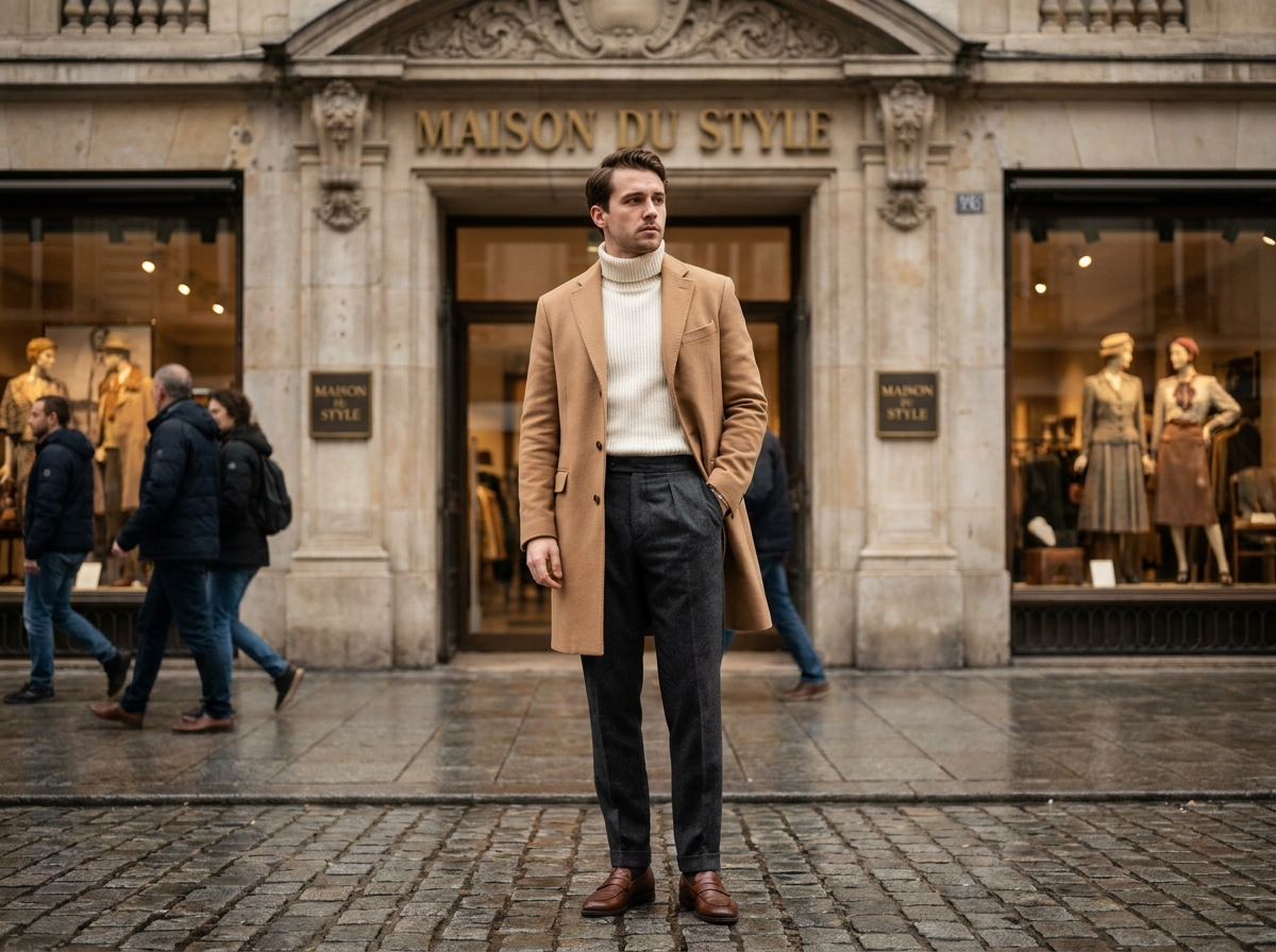 Homme élégant en manteau camel et col roulé ivoire devant une façade de grand magasin européen au style rétro et aux ornements en pierre