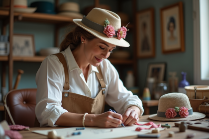 Modiste française cousant un chapeau élégant dans son atelier