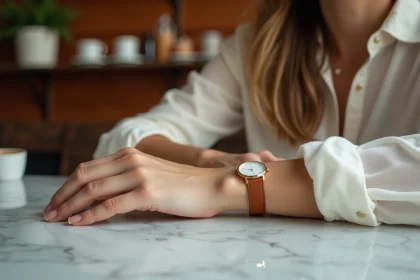 Femme aux poignets fins portant une montre double bracelet cuir fin caramel sur table en marbre dans un café parisien