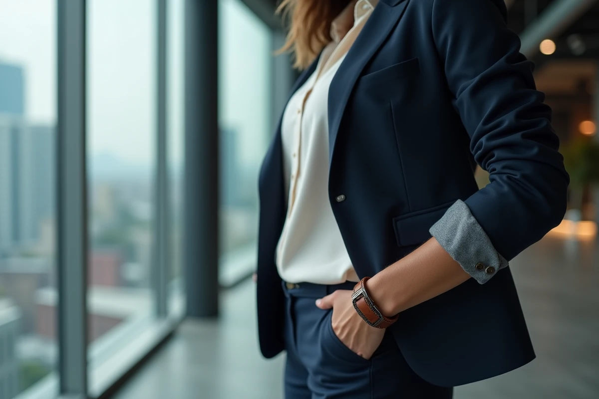 Femme sportive et confiante portant une montre double bracelet cuir large cognac avec blazer marine dans un bureau moderne