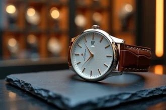 Montre de luxe suisse posée sur ardoise noire dans une boutique horlogère haut de gamme, gros plan sur le cadran guilloché et bracelet cuir.