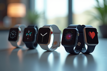 Plusieurs montres connectees de marques sur une table moderne