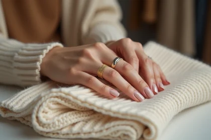 Mains féminines portant une bague en or jaune et une bague en or blanc côte à côte sur fond de pull en cachemire, comparaison des tons de métaux précieux