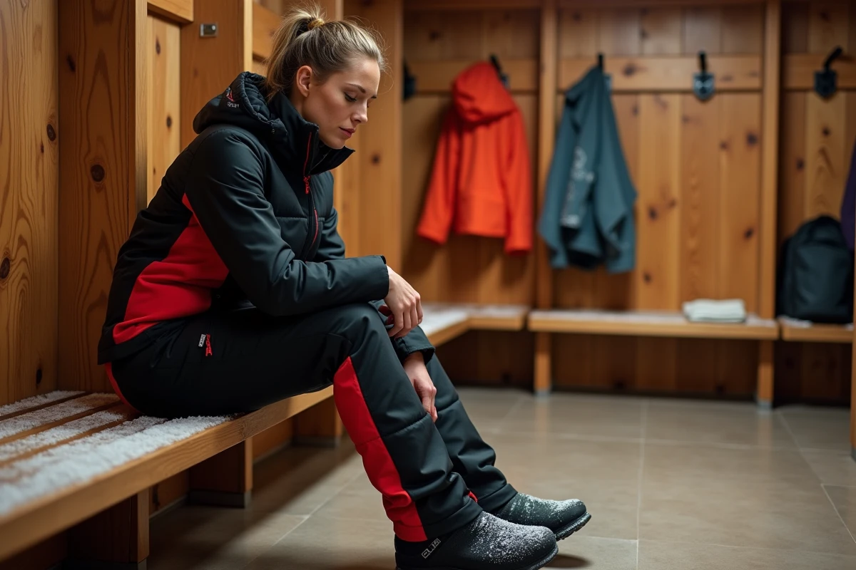 Femme enfilant ses chaussures de ski avec un pantalon de ski technique dans un vestiaire de chalet alpin
