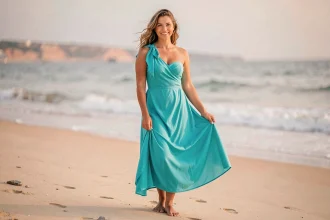 Femme portant un paréo robe turquoise noué à l'épaule sur une plage méditerranéenne ensoleillée