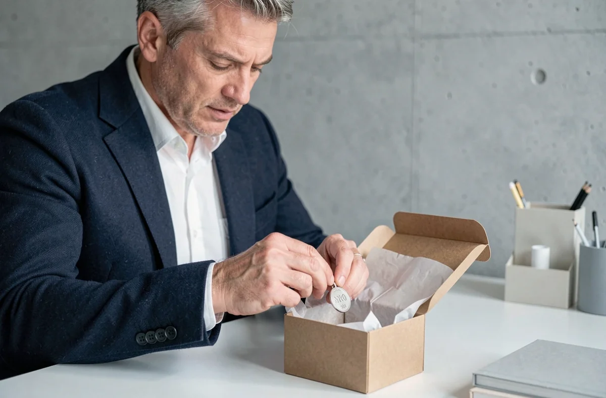 Homme déposant un pendentif en argent gravé dans une boîte cadeau kraft, bijou personnalisé pour offrir