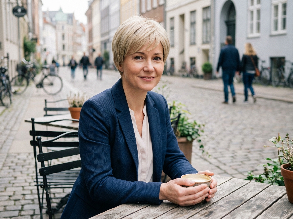 Femme en perruque courte blonde style pixie attablée en terrasse de café, look élégant et décontracté