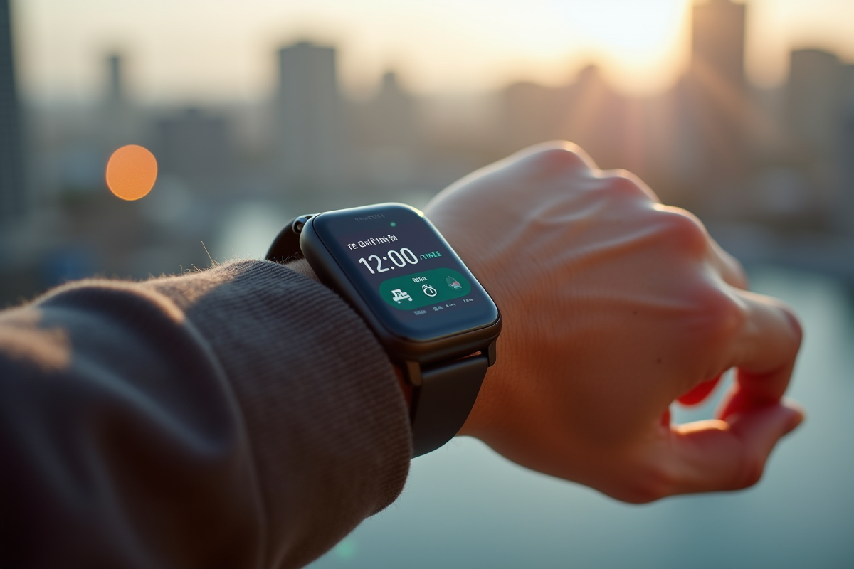 Poignet avec une smartwatch affichant la santé en extérieur