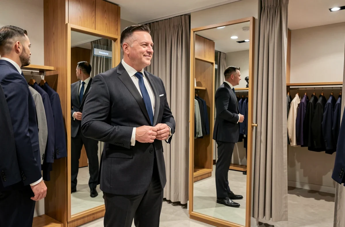 Un homme de grande taille essaie un costume de cérémonie bien ajusté dans la boutique Prestige dans le Nord