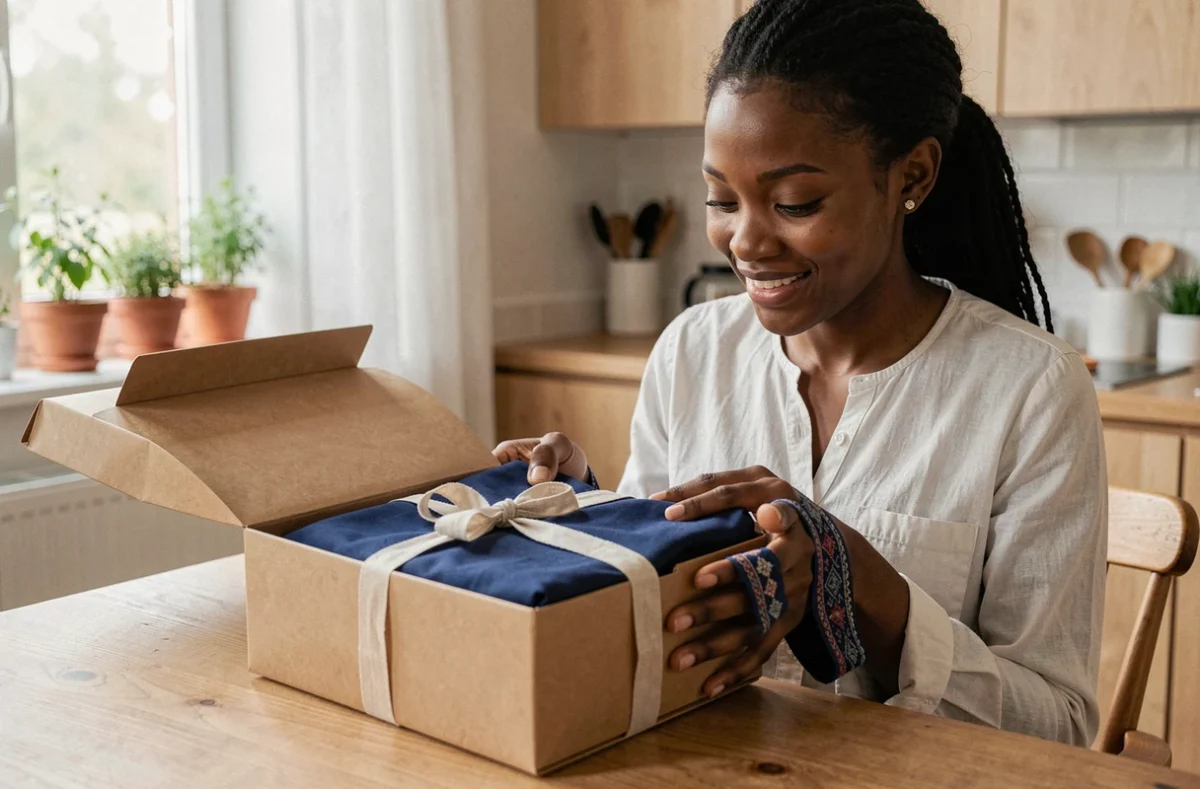 Femme ouvrant un quamis offert en cadeau emballé dans du papier kraft à la maison