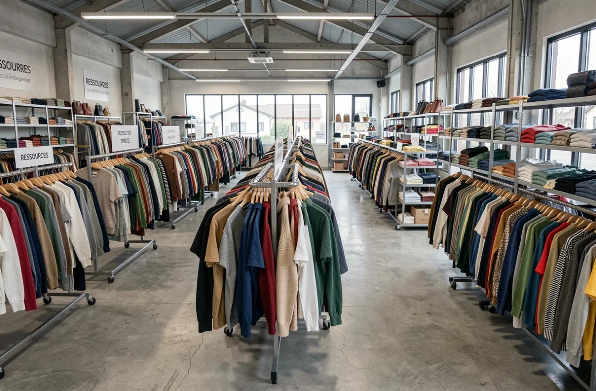Magasin Ressources en Finistère avec de longues rangées de vêtements de seconde main triés par couleur dans un espace de vente de type entrepôt organisé