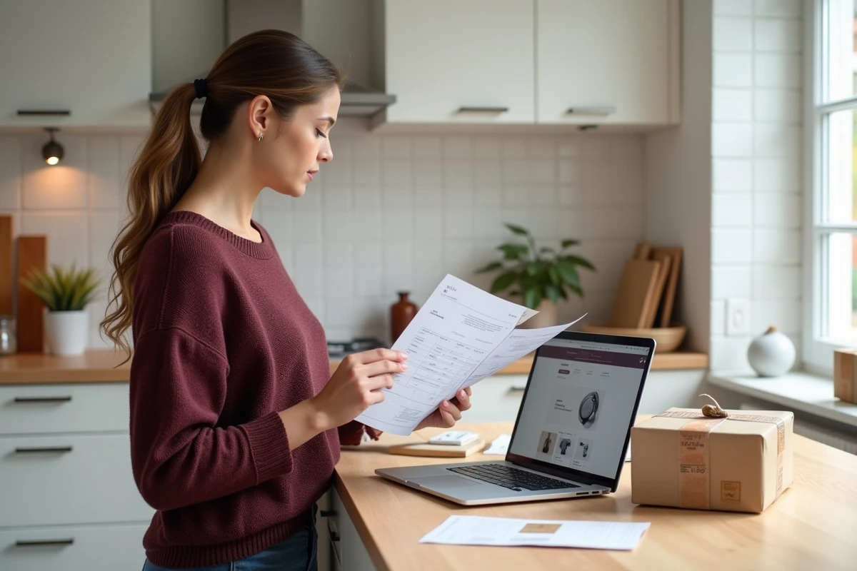 Femme pr&eacute;parant un retour de colis Shein dans sa cuisine en consultant ses documents de commande