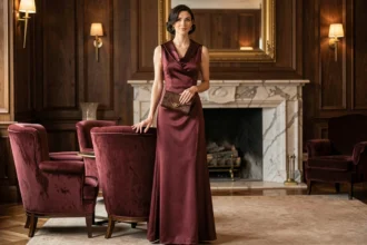 Femme portant une robe années 30 en satin biais coupé bordeaux dans un intérieur art déco