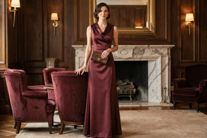 Femme portant une robe années 30 en satin biais coupé bordeaux dans un intérieur art déco