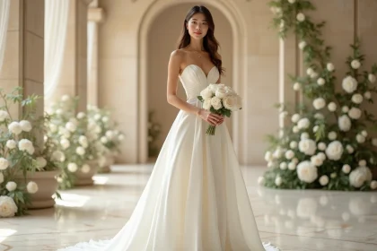 Demoiselle d'honneur en robe bustier longue blanche tenant un bouquet de pivoines dans une salle de mariage élégante aux arches en pierre