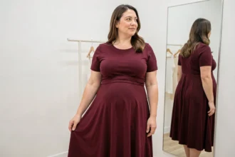 Femme ronde portant une robe mi-longue fluide en boutique, adaptée aux femmes avec le ventre sensible et gonflé