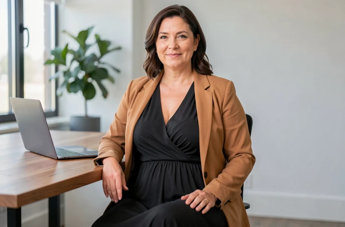 Femme de 52 ans en robe longue noire col en V et blazer camel au bureau, look professionnel et élégant pour morphologie ronde après 40 ans