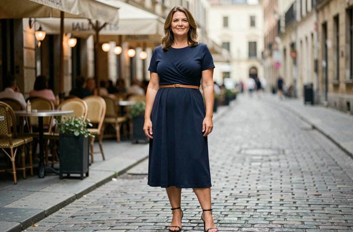 Femme ronde de 48 ans en robe midi bleu marine taille empire avec ceinture fine, style urbain chic pour silhouette généreuse après 40 ans