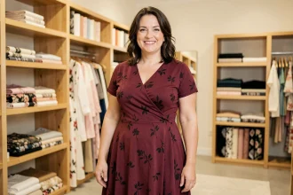 Femme de 45 ans avec courbes portant une robe portefeuille bordeaux A-line dans une boutique parisienne, style élégant après 40 ans