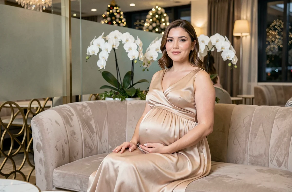 Future maman en robe longue dorée assise dans un salon d'hôtel décoré pour le réveillon du Nouvel An