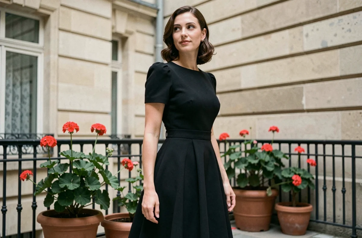 Femme en robe midi style années 30 noire à ceinture dans une cour parisienne en pierre