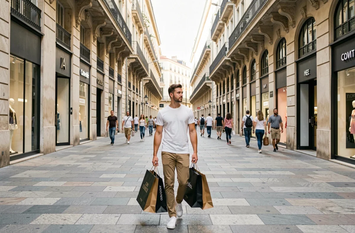 Jeune homme portant des sacs de shopping en se promenant sur la rue Saint-Ferréol, la principale rue commerçante piétonne de Marseille