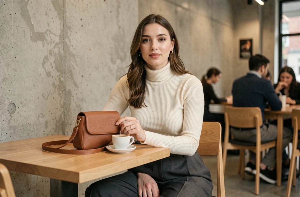 Jeune femme professionnelle avec un petit sac bandoulière en cuir cognac posé sur une table de café minimaliste, mode accessoires femme 2026