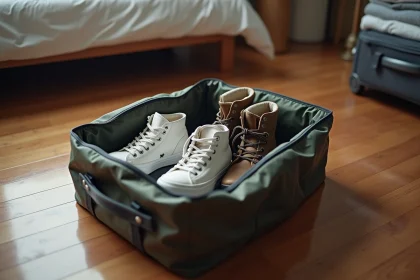 Sac à chaussures imperméable ouvert sur le sol d'une chambre d'hôtel avec baskets blanches et chaussures de randonnée rangées séparément