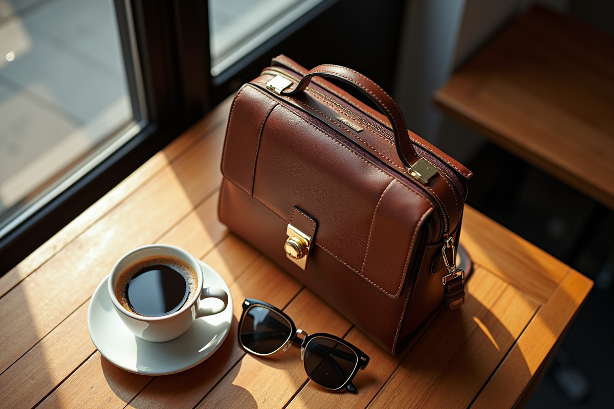 Sac Paul Marius posé sur une table de café avec accessoires