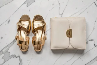 Sandales dorées à petit talon assorties à une pochette en cuir crème sur marbre blanc, vue de dessus