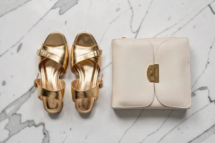 Sandales dorées à petit talon assorties à une pochette en cuir crème sur marbre blanc, vue de dessus