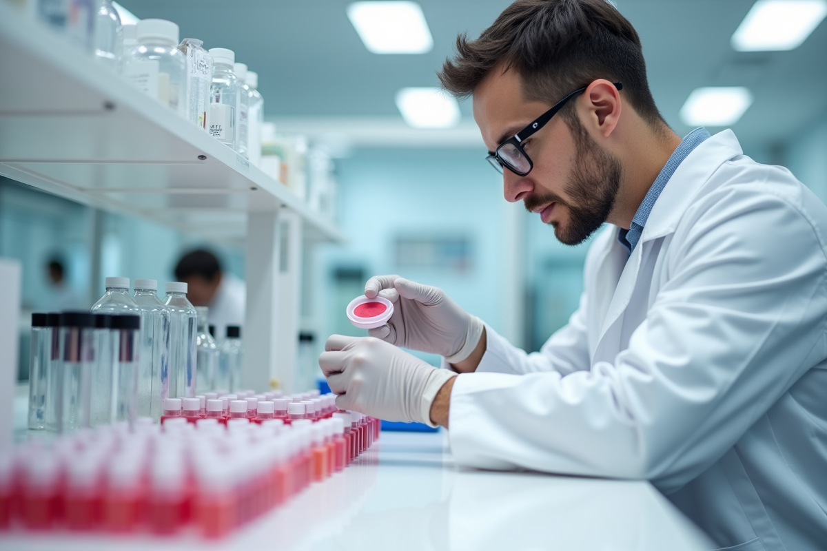 Scientifique inspecte un échantillon de lipstick en laboratoire