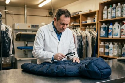 Spécialiste pressing inspectant une doudoune gonflante posée sur un comptoir professionnel en acier inoxydable