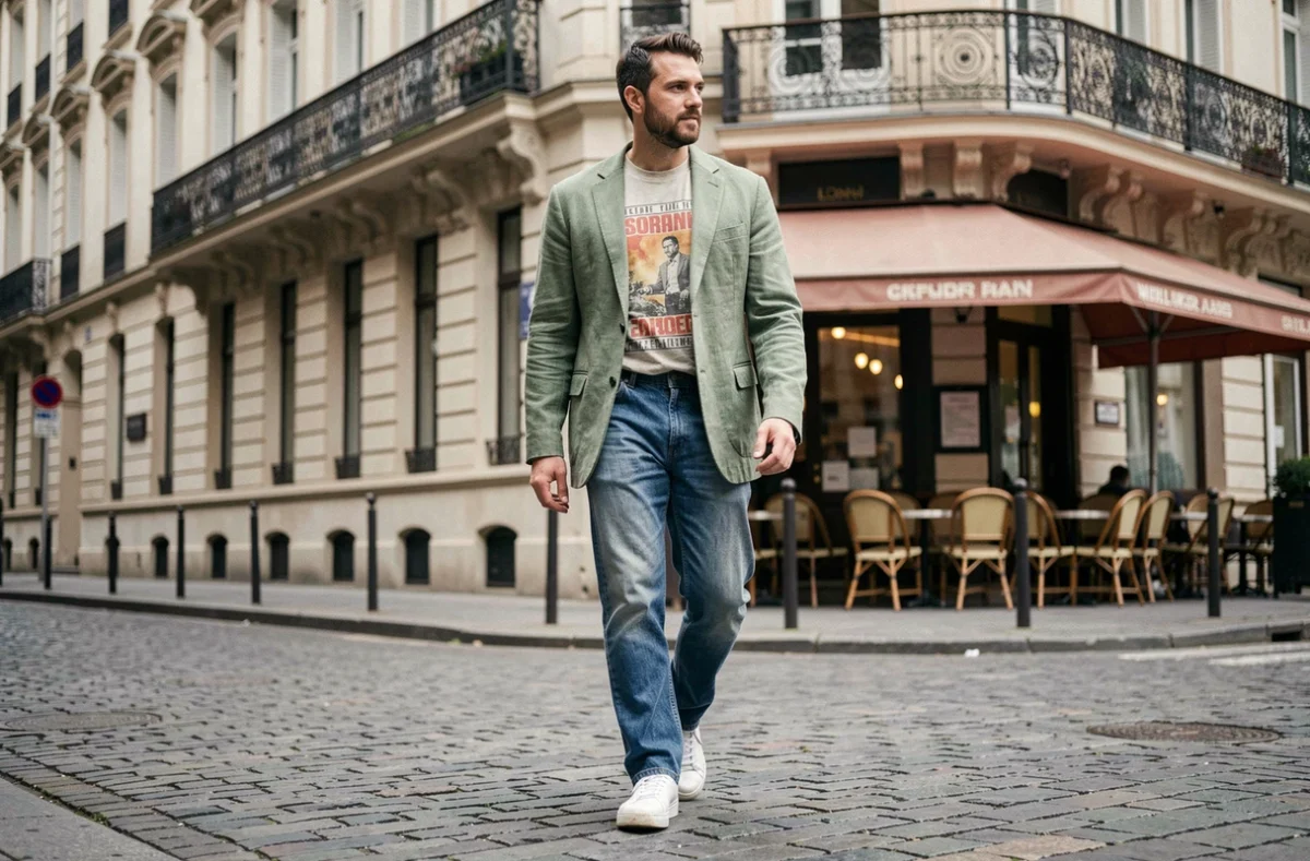 Homme en tenue vintage années 90 mixée aux tendances 2026 marchant dans une rue pavée européenne