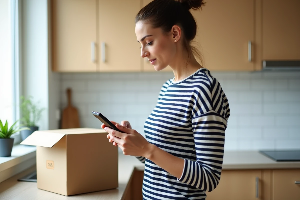 Femme vérifiant le suivi de commande Shein sur son téléphone à côté d'un colis livré dans sa cuisine