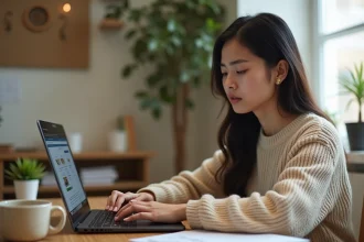 Jeune femme consultant le suivi de commande Shein sur son ordinateur portable depuis son bureau à domicile