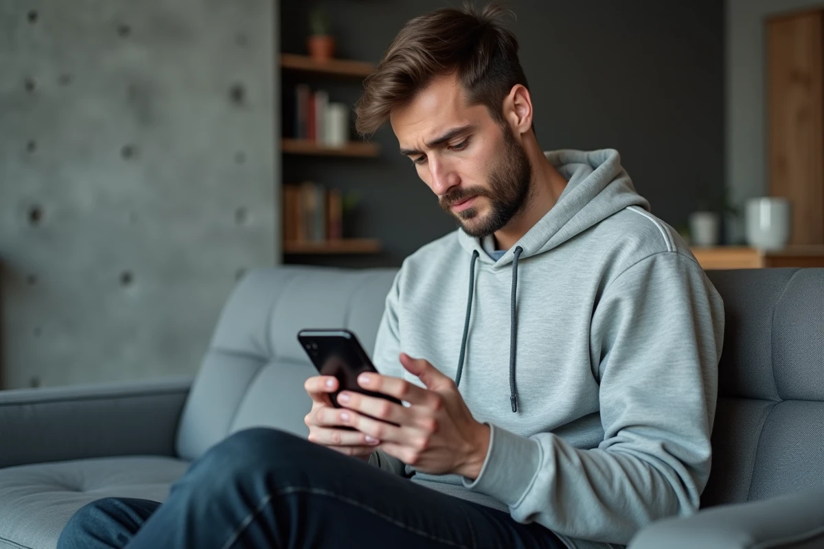 Homme consultant le statut introuvable d'une commande Shein sur son smartphone dans un appartement moderne
