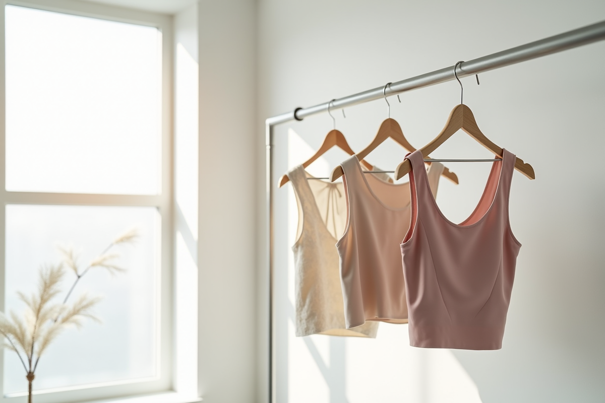 Trois crop tops modernes sur cintres dans un studio lumineux