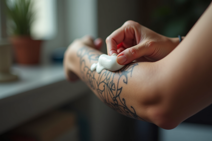 Gros plan d'un bras tatoue avec lotion hydratante
