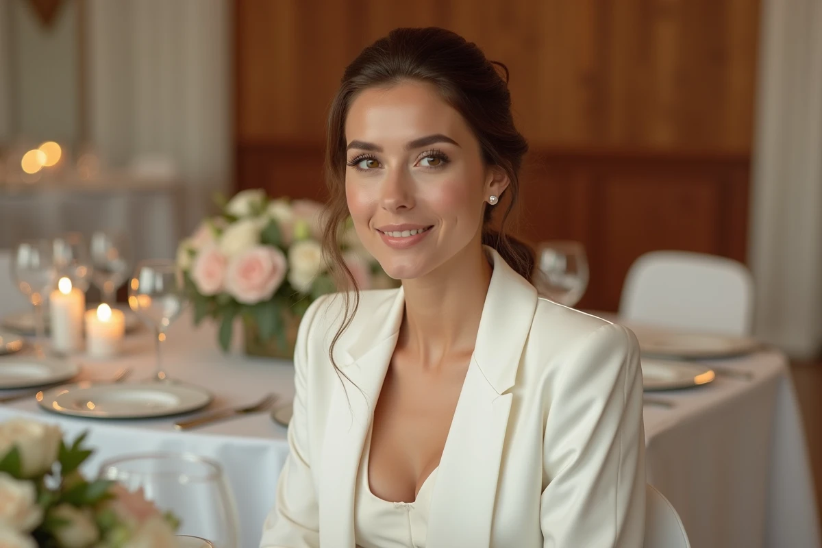 Femme invitée portant un costume blanc élégant lors d'une réception de mariage en intérieur