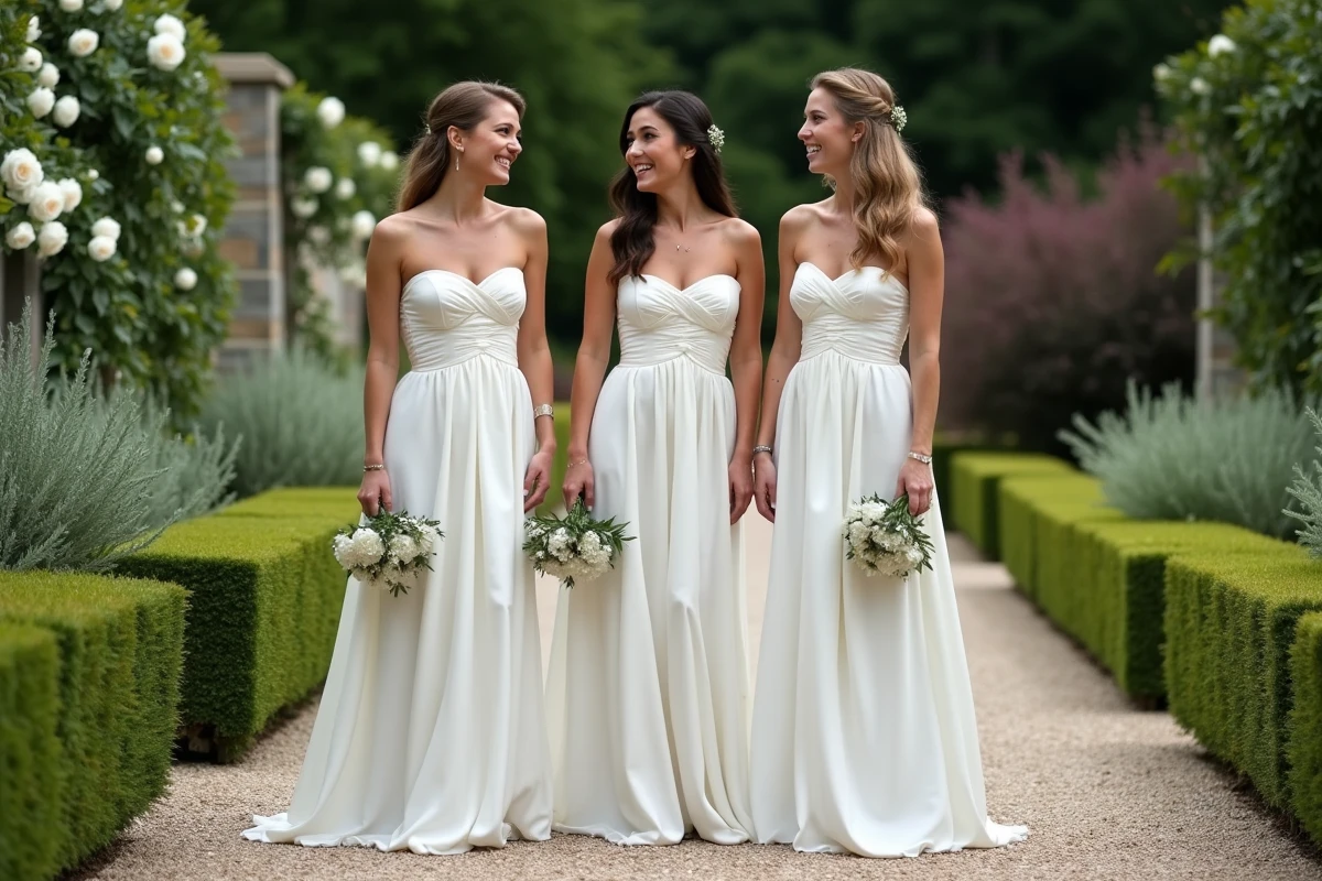 Trois demoiselles d'honneur en robes bustier longues blanches assorties riant dans un jardin fleuri avec des roses blanches sur un mur en pierre