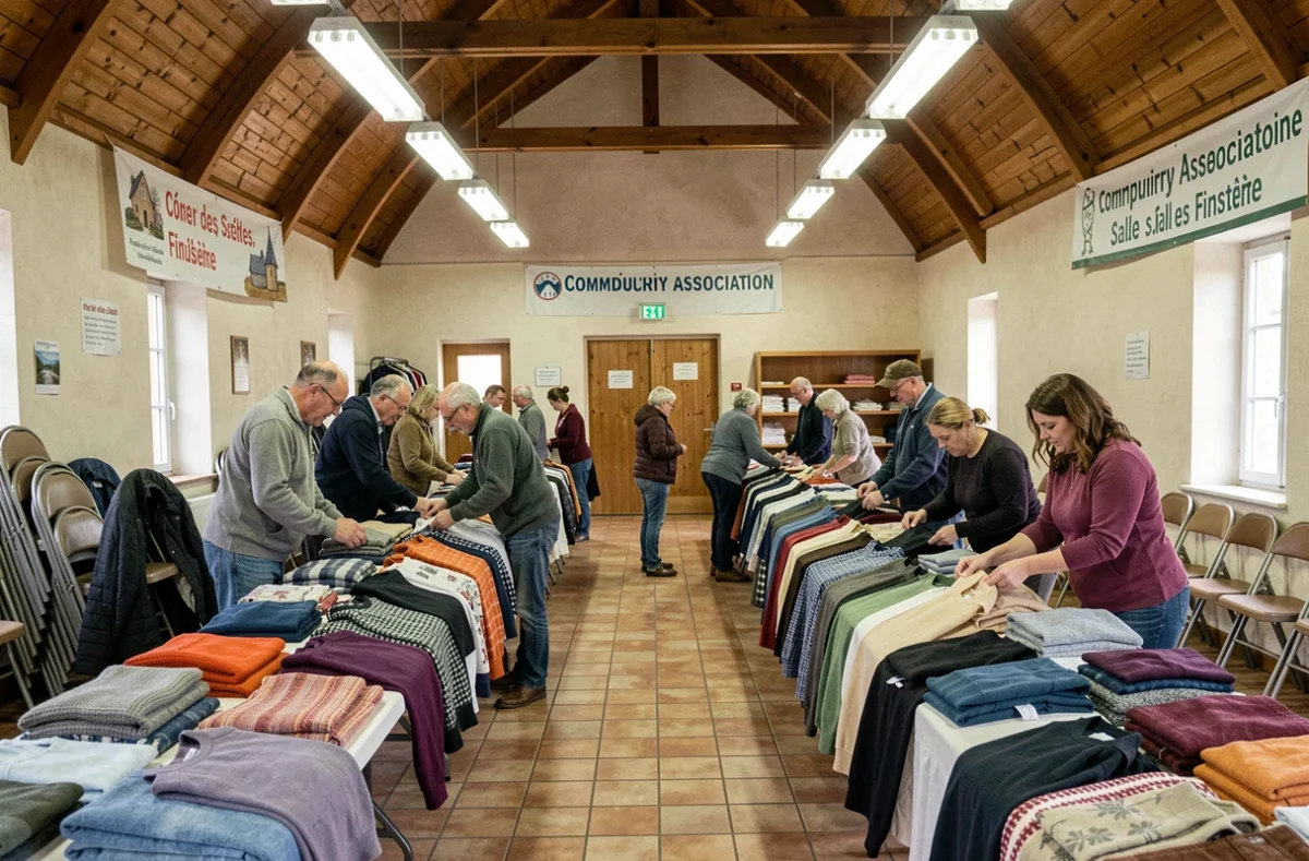 Vente friperie associative de Scaër avec des bénévoles installant des tables de vêtements d'occasion dans une salle des fêtes bretonne