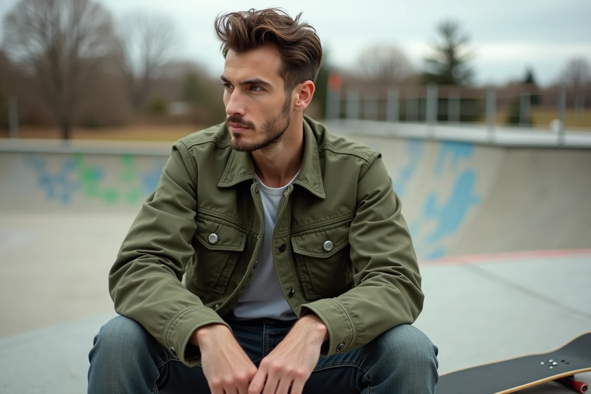 Homme en veste streetwear à boutons verte assis sur les marches d'un skatepark