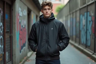 Jeune homme portant une veste streetwear zippée noire en milieu urbain