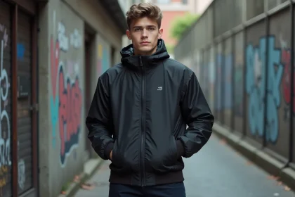Jeune homme portant une veste streetwear zippée noire en milieu urbain